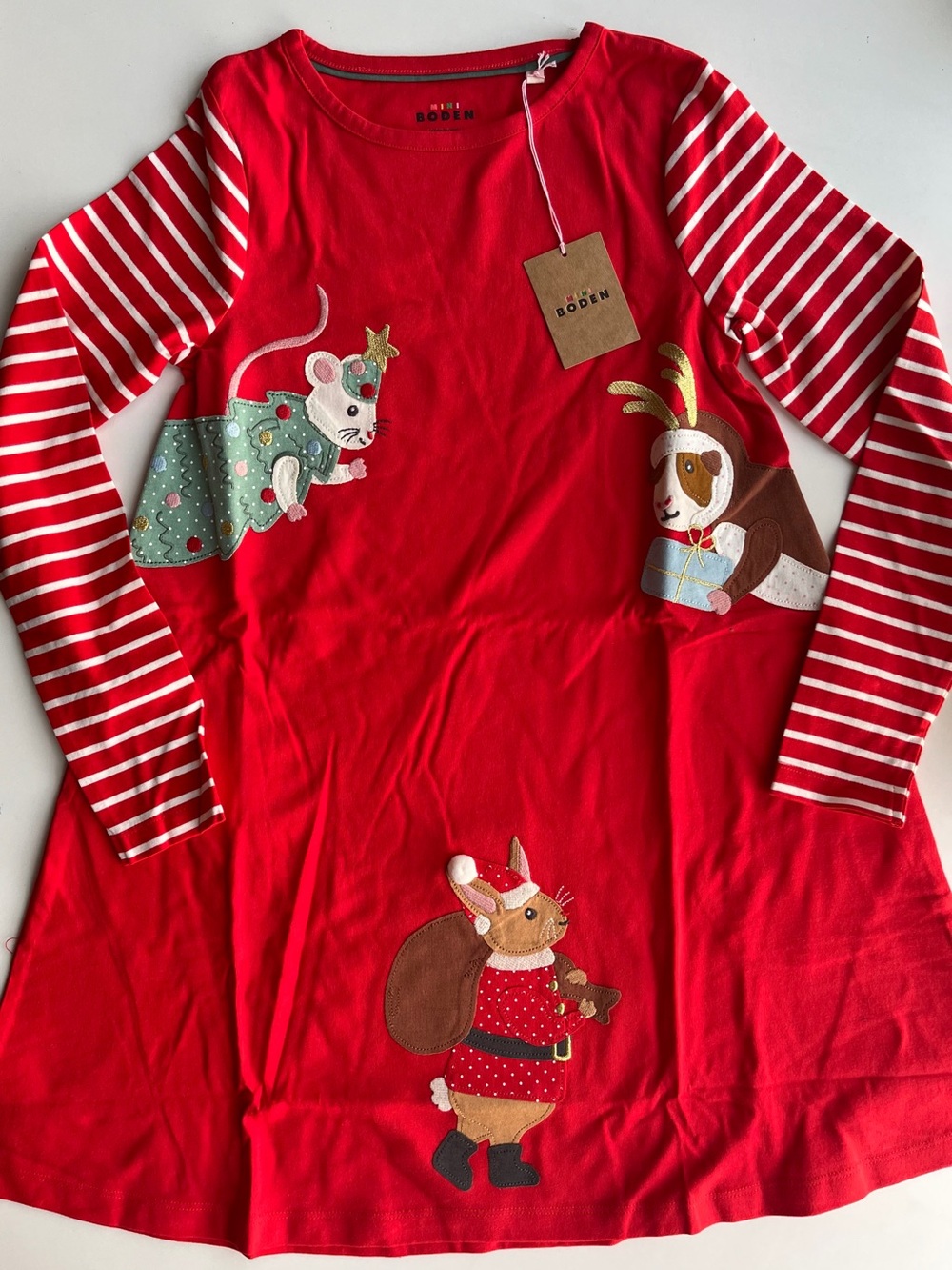 Mini Boden 9-10Y NWT Holiday Appliqué Dress with Striped Sleeves